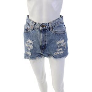 November Womens Zipper Fly High Rise Fringe Distressed Denim Shorts Blue Size 24